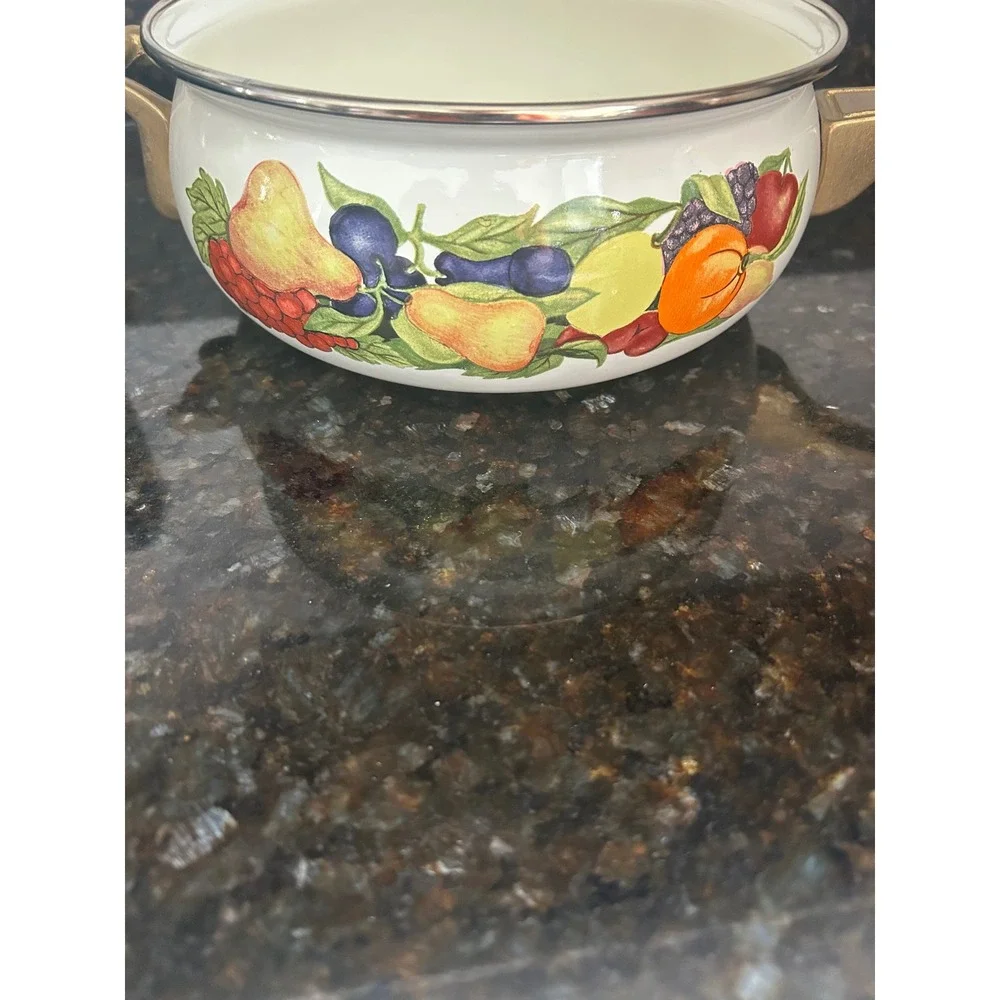 Regency Club Enamelware Saucepan with Lid Fruit Motif Gold Handles Vintage Style